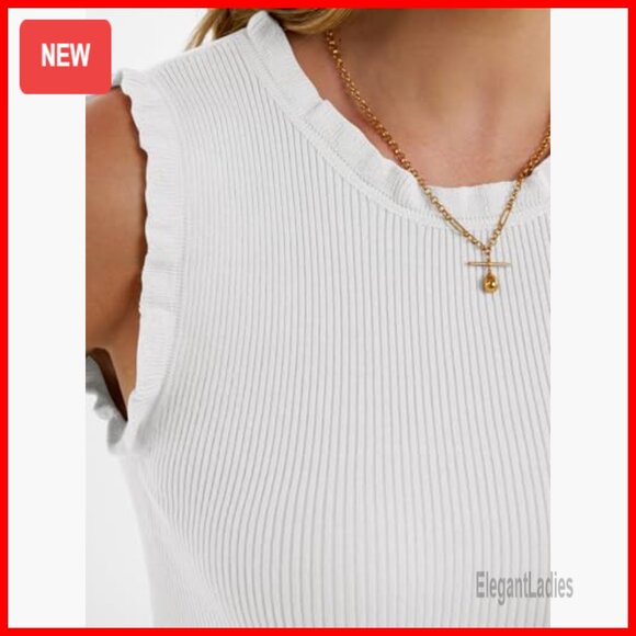 Ribbed Viscose Tank Top Crew Neck Ruffle Business Casual Summer - Picture 6 of 7